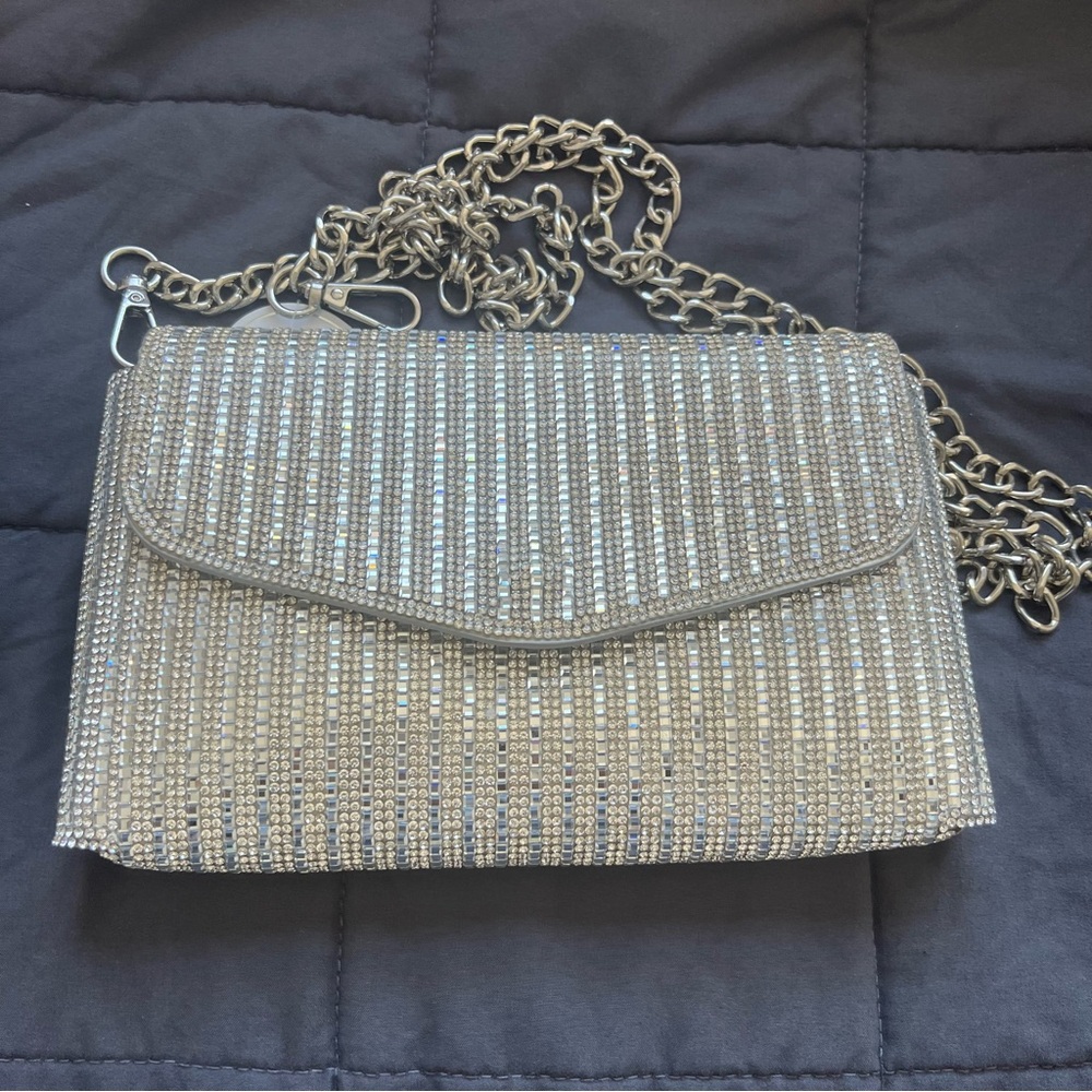 Silver Rhinestone Evening Clutch Crossbody Bag NWT